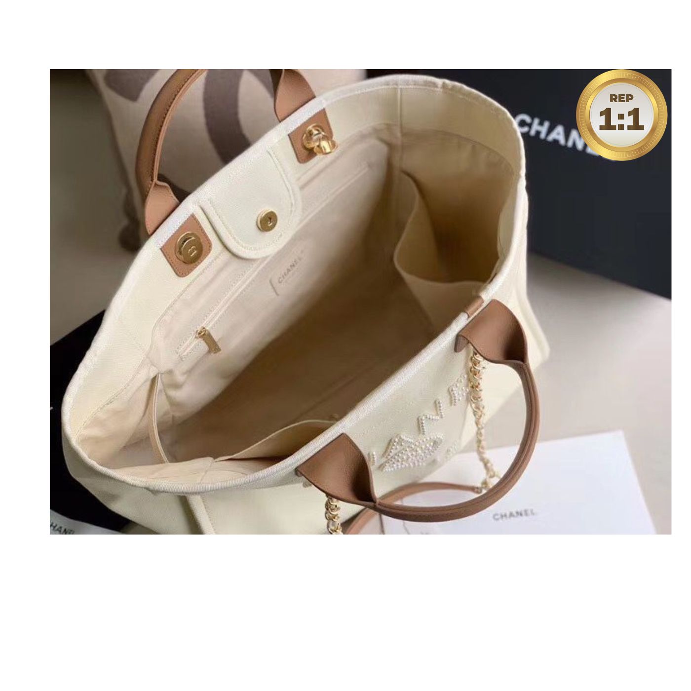 [REP 1:1] Chanel Large Deauville Pearl Tote Bag White For Women 15in/38cm